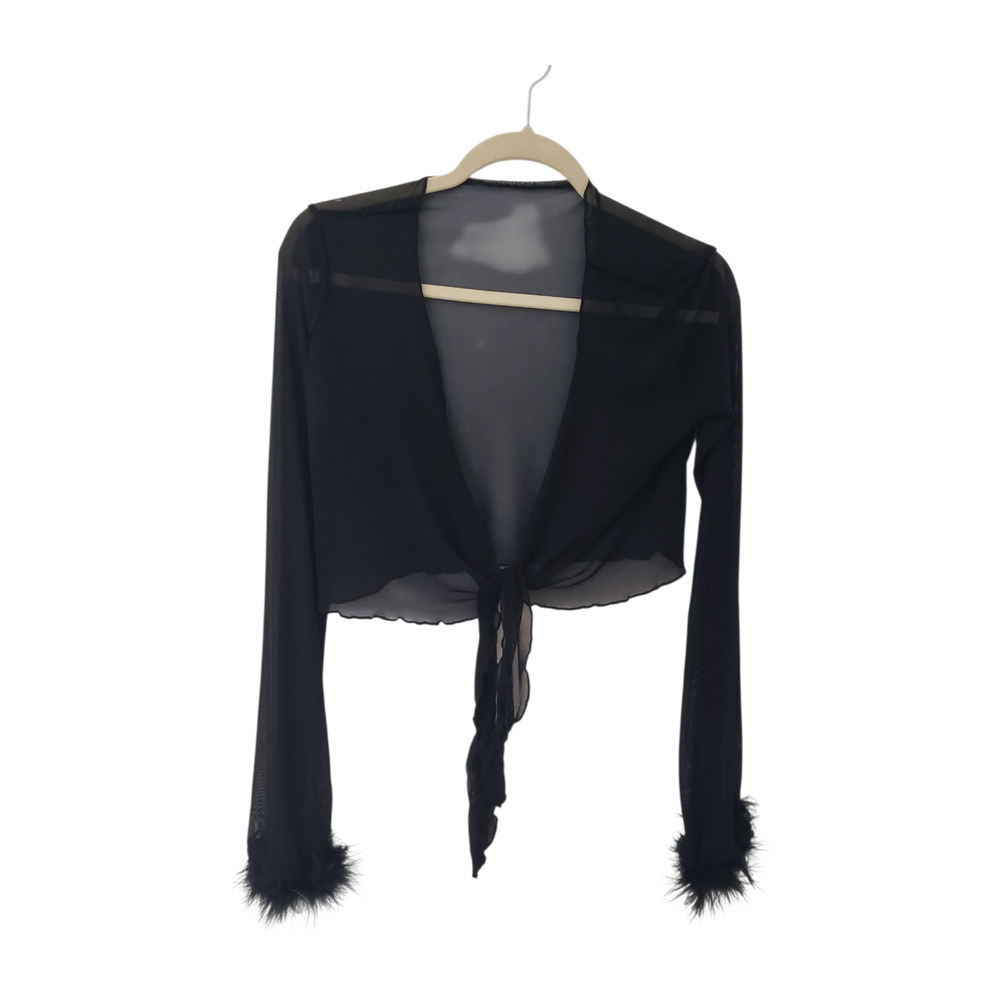 Black Sheer Tie Front Cardigan Jacket Cropped Real Feather Cuffs Tie Front sz s - Picture 5 of 16